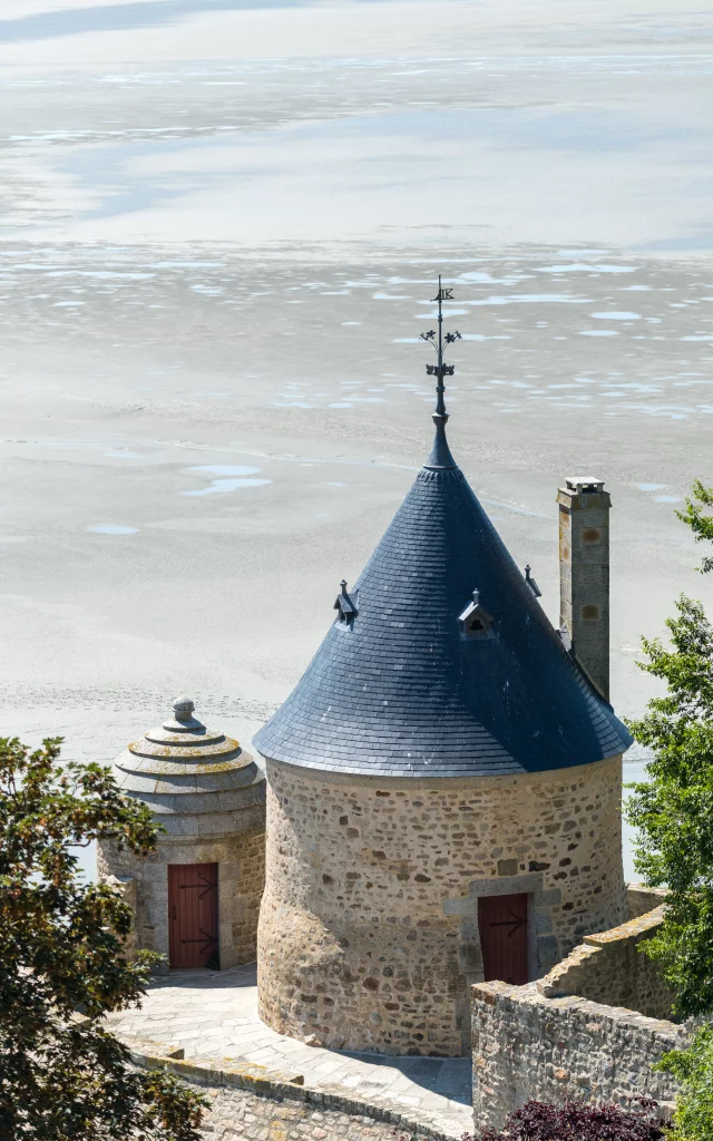 Vue depuis le Mont-Saint-Michel sur sa baie et une tourelle